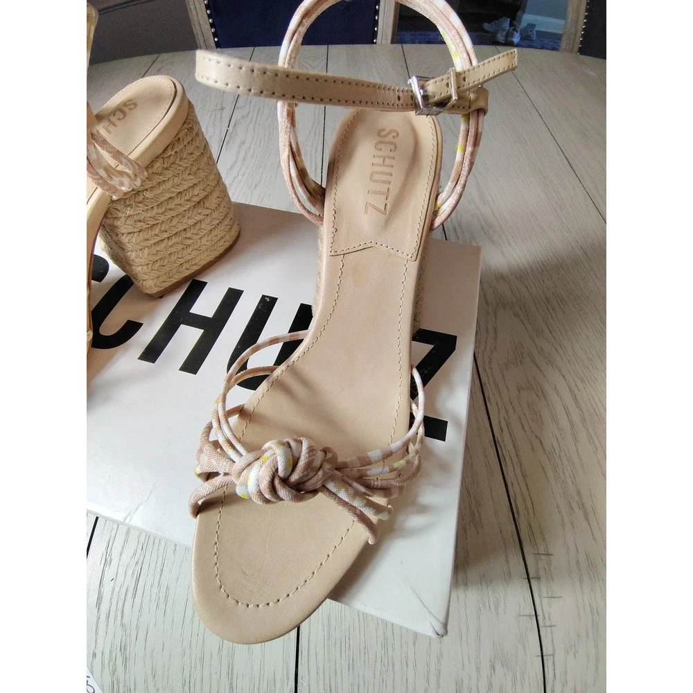 Schutz Dahra Multimaterinude‎ Fabric Pavlight Nude Espadrille Block Heel Sandals